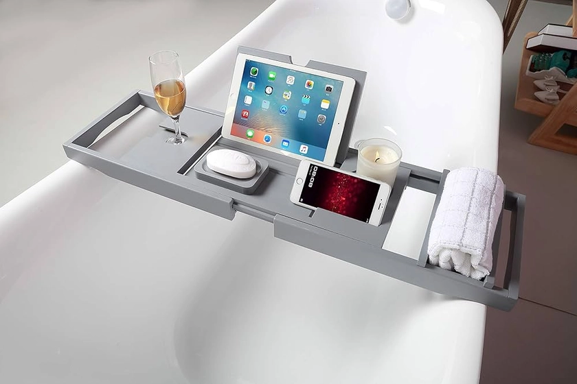 Woodluv Luxury Extendable Bath Tub Caddy Bathroom Trays with Tablet Phone Slots, Candle Mug/Cup Holder, Bathroom Organiser, Extra Soap Holder - Grey : Amazon.co.uk: Home & Kitchen