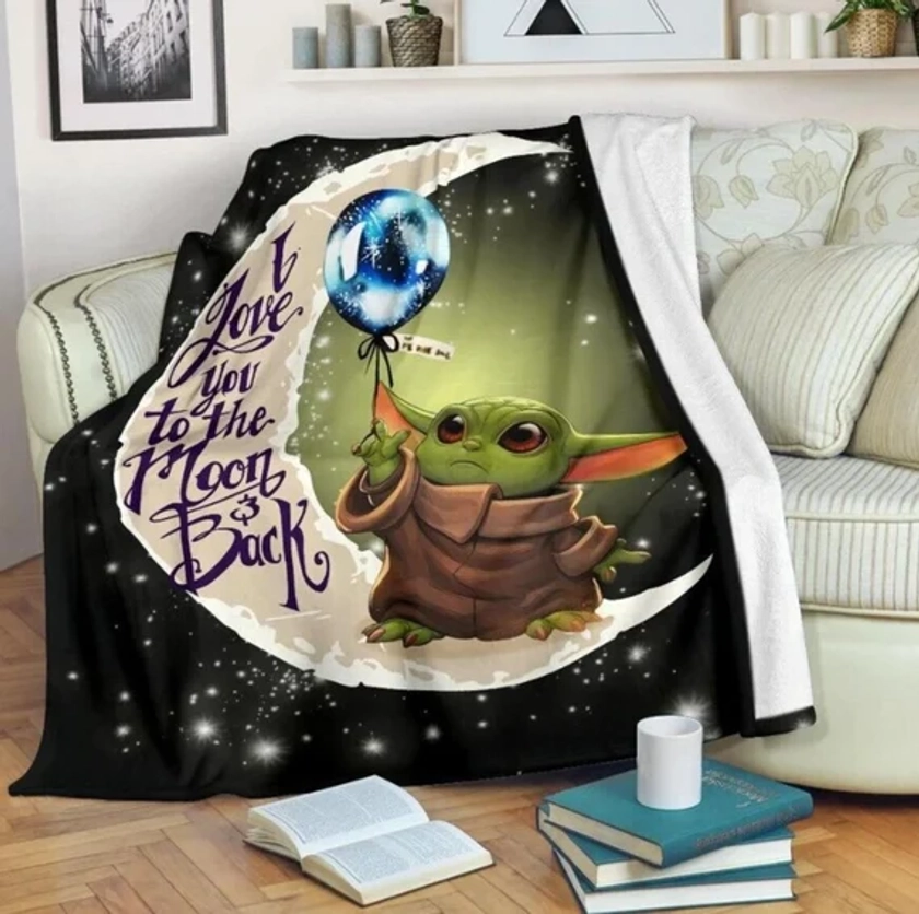 Love You To The Moon Quote And Back Baby Yoda Holding Balloon Fleece Blanket, Grogu and Moon Night Sky Cute Blanket Birthday Christmas Gift