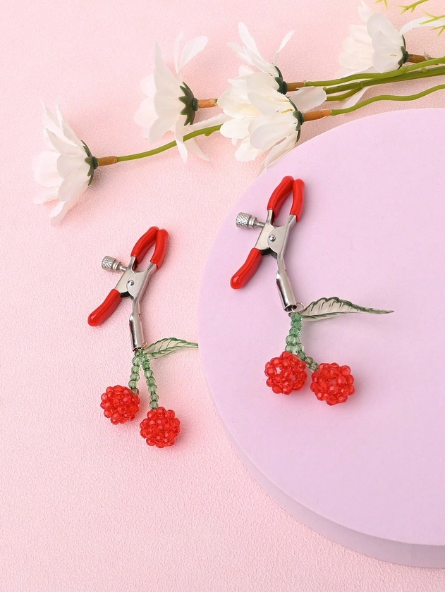1pair Fashionable Sexy Cherry & Beaded Nipple Clamps For Women, Adjustable
