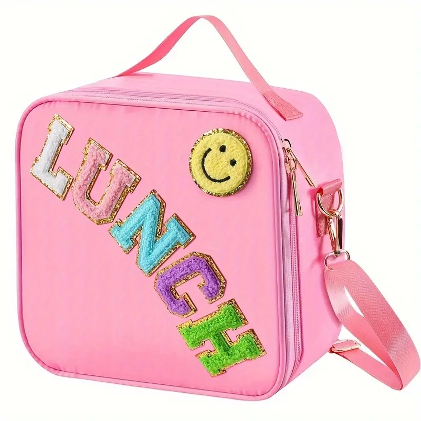 Insulated Letter Patch Lunch Bag, Portable Thermal Bento Bag, Cute Bag For Picnic School Office