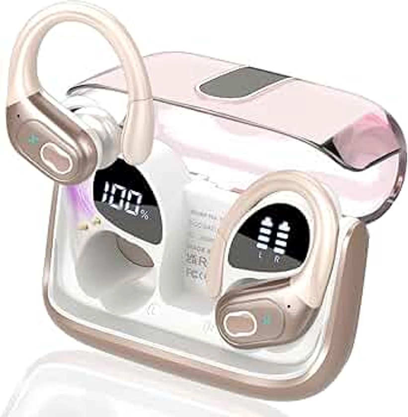 Wireless Earbuds 75hrs Bluetooth 5.3 Headphone Sport, 2024 Bluetooth Earbuds Stereo Deep Bass Over Ear Bud with Earhooks, ENC Noise Cancelling Mic, IPX7 Waterproof Earphone Rose Gold