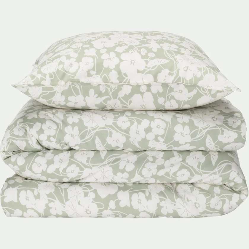 NYMPHE - Housse de couette 240x220cm et 2 taies d'oreiller 63x63cm en coton motif floral - vert