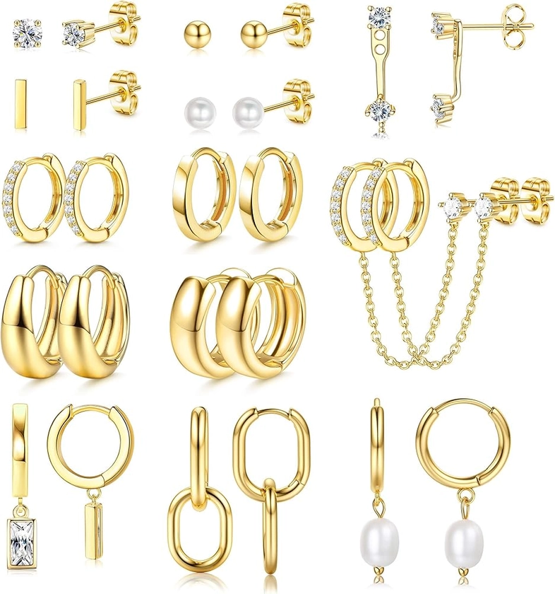 Amazon.com: Besteel 13 Pairs Small Gold Hoop Earrings Set for Women 14K Gold Plated Lightweight Huggie Hoops Hypoallergenic Pearl Dainty Stud Hoop Earrings for Gift, Gold: Clothing, Shoes & Jewelry