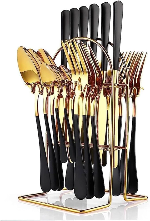 24 Piece Flatware Set,Stainless Steel Cutlery Set with Silverware Holder, Spoons, Forks, and Knives, Utensil Set Service for 6, Gold Mirror Polished and Matte Pink Painted (Black Gold) : Amazon.co.uk: Home & Kitchen