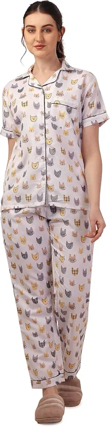 Buy Vendola Women's Rayon Printed Night Dress/Night Suit Set of Shirt & Pyjama (X-Large, Cat Meow) at Amazon.in
