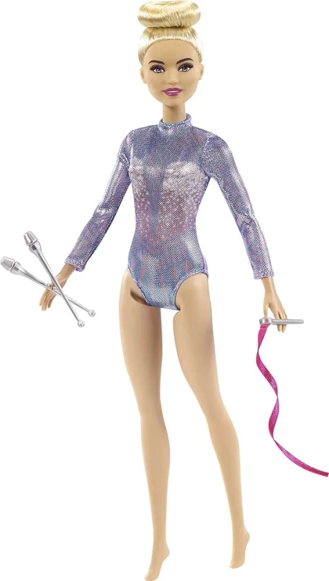 Barbie Rhythmic Gymnast Blonde Doll (12-in/30.40-cm) with Colorful Metallic Leotard, 2 Clubs & Ribbon Accessory, Great Gift for Ages 3 Years Old & Up, GTN65