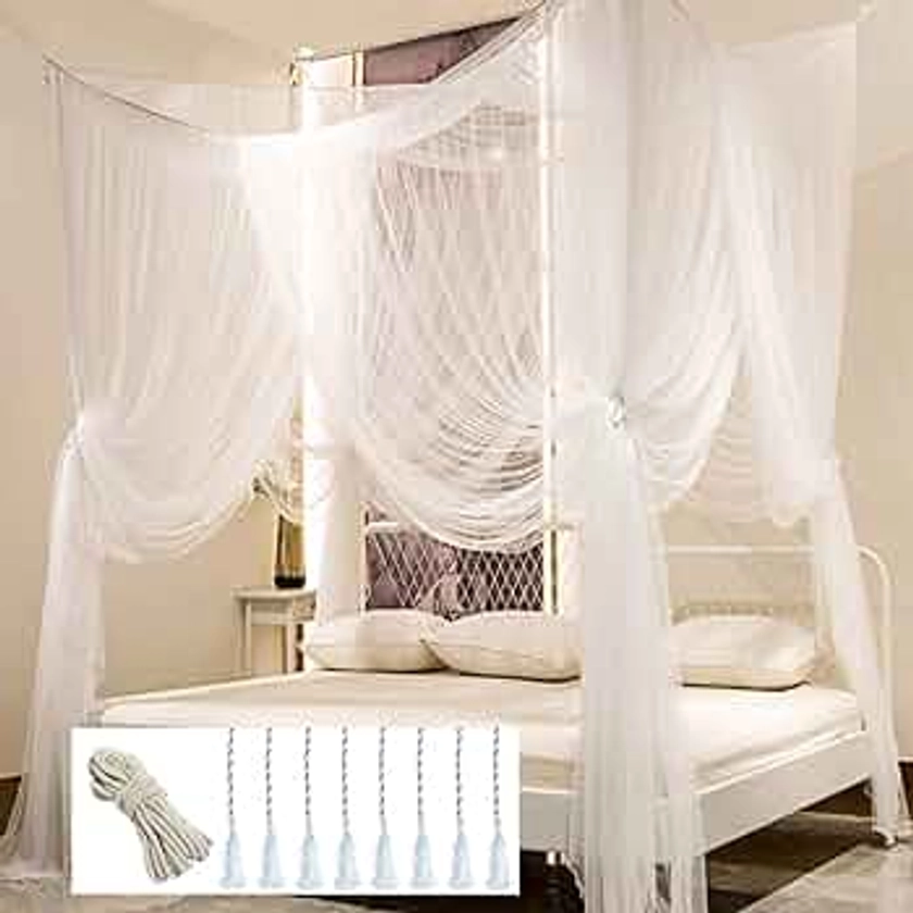 Mosquito Net for Double Bed 4 Corner Post Elegant Mosquito Net Bed Canopy Set, Stick Hook & Profession Rope for Net, Screen Netting Canopy Curtains, Full/Queen/King (White)