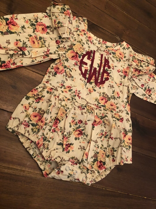 Baby Girl Fall Floral Monogrammed Long Sleeve Bubble | Thanksgiving Maroon Monogrammed Ruffles Romper Long Sleeve | Monogrammed Baby Gift