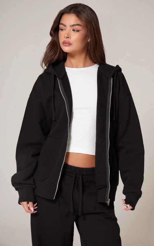 Plt Black Embroidered Zip Front Oversized Hoodie