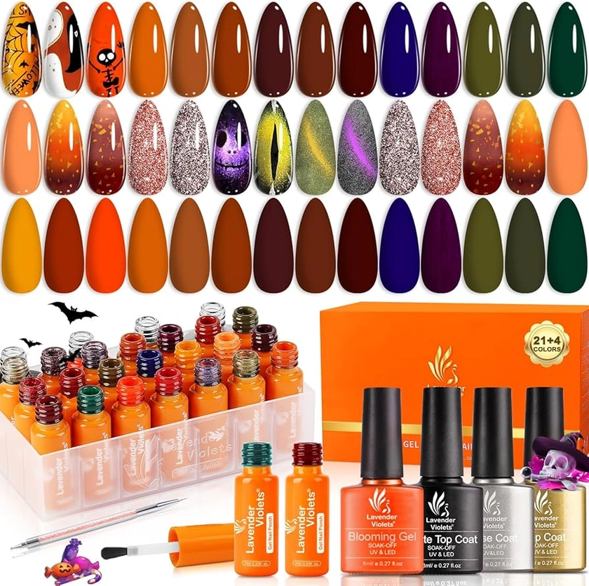 Lavender Violets 25 Pcs Gel Nail Polish Set With Base,Glossy,Matte Top Coat,Blooming Gel Blossom Effect,Manicure Cat Eye Magnet Dotting Drawing Liner Pen UV Soak Off Varnish Orange Autumn Halloween