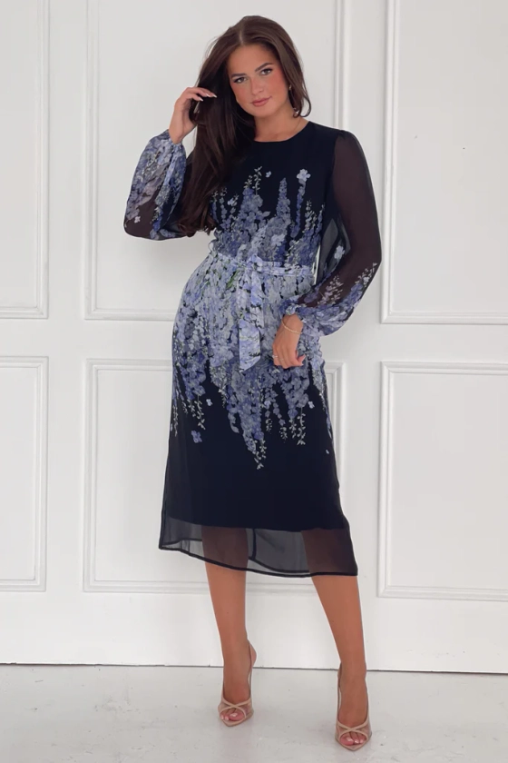 Harlow Purple Floral Belted Long Sleeve Midi Dress