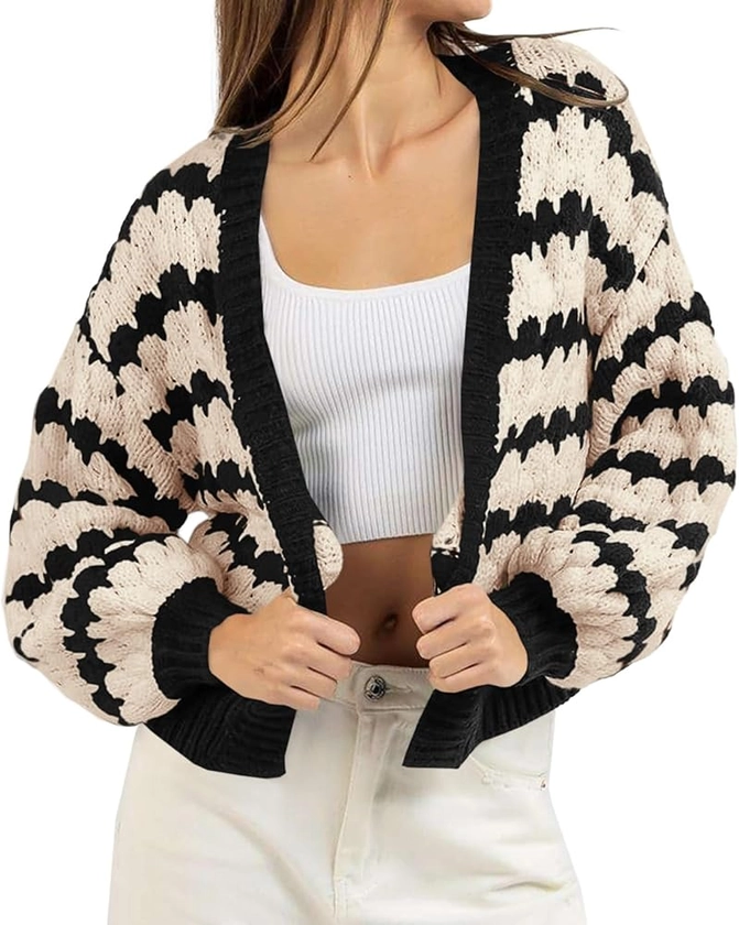 Saodimallsu Womens Cropped Cardigan Striped Open Front Long Lantern Sleeve Color Block Loose Chunky Knit Sweater Coat