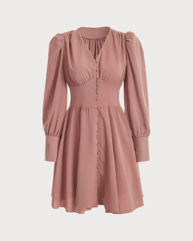 The V Neck Ruched Long Sleeve Mini Dress & Reviews - Pink - Dresses | RIHOAS