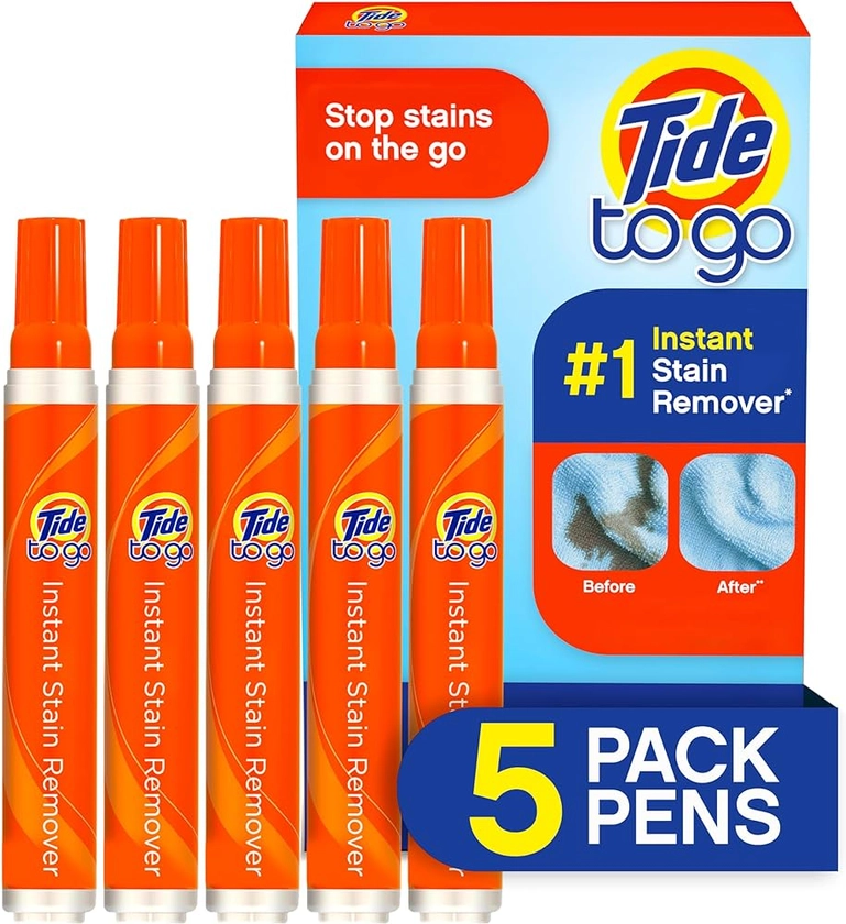 Tide Stain Remover for Clothes, Tide To Go Pen, Instant Stain & Spot Remover for Clothes, Travel & Pocket Size, 5 Count (Pack of 1)