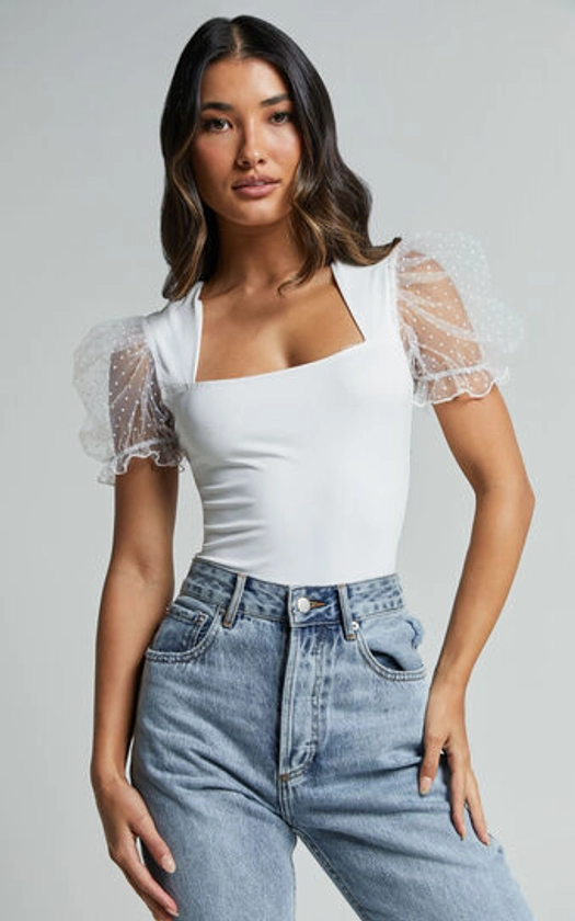 Briggs Bodysuit - Sheer Puff Sleeve in Ivory