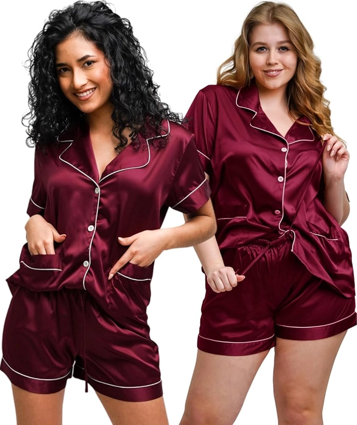 Pajama Set for Women - Silk Satin Womens Pajamas Set - Button Down - Bridesmaids Pajamas - Satin Women PJ Set Top & Shorts Burgundy at Amazon Women’s Clothing store