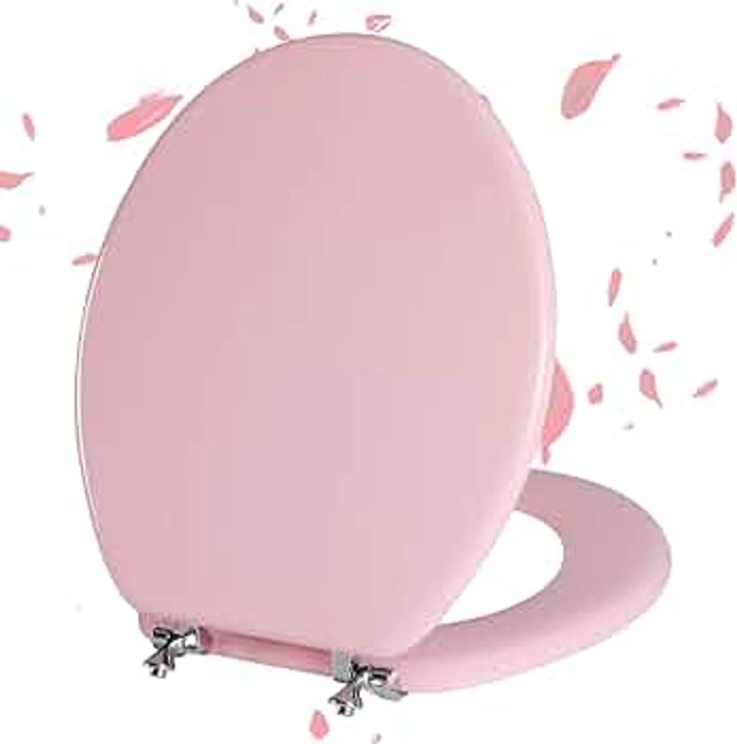 Pink Round Toilet Seat Natural Wood Toilet Seat with Zinc Alloy Hinges, Easy to Install also Easy to Clean, Scratch Resistant Toilet Seat by Angol Shiold (Round, Pink)