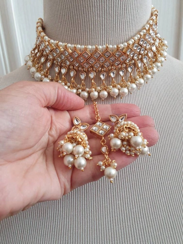 Indian Jewelry Bridal Wedding Kundan Polki Earrings Necklace Choker Teeka Tikka Headpiece Combo Set Ethnic Bollywood Jewelry Birthday Gift - Etsy UK