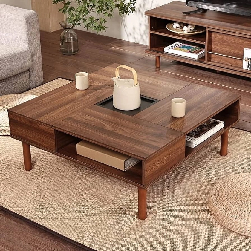 Amazon.co.jp: WAMPAT W02K2081A Low Table, Center Table, Square, Wood Design, Coffee Table, Chabu Table, Compact Storage, Includes Hidden Storage Space, Living Room Table, Width 31.5 x Depth 31.5 x Height 13.0 : Home & Kitchen