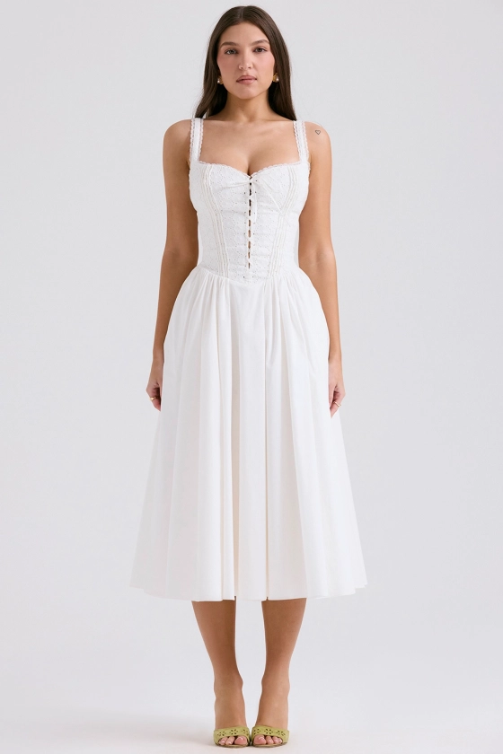 Clothing : Midi Dresses : 'Milia' White Broderie Anglais & Cotton Midi Dress