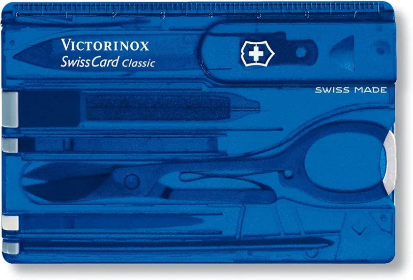 Victorinox Swiss Card, Multitool de Poche Suisse, Taille de La Carte de Crédit, 10 Fonctions, Stylo, Ciseaux, Bleu Transparent