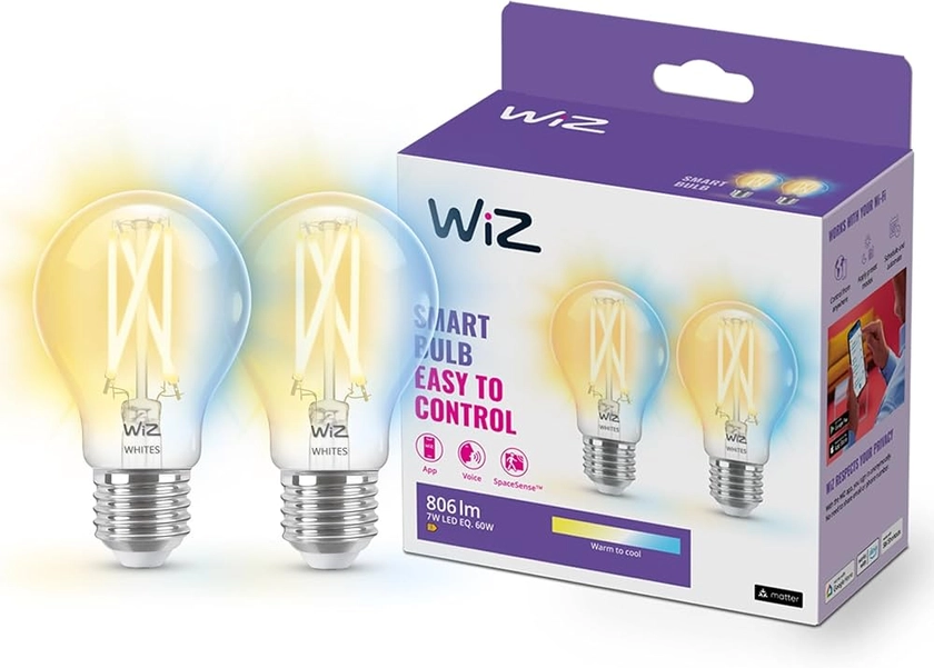 WiZ ampoule LED connectée filament Wi-Fi nuances de blanc E27, équivalent 60W, 806 lumen, lot de 2, fonctionne avec Alexa, Google Assistant et Apple HomeKit