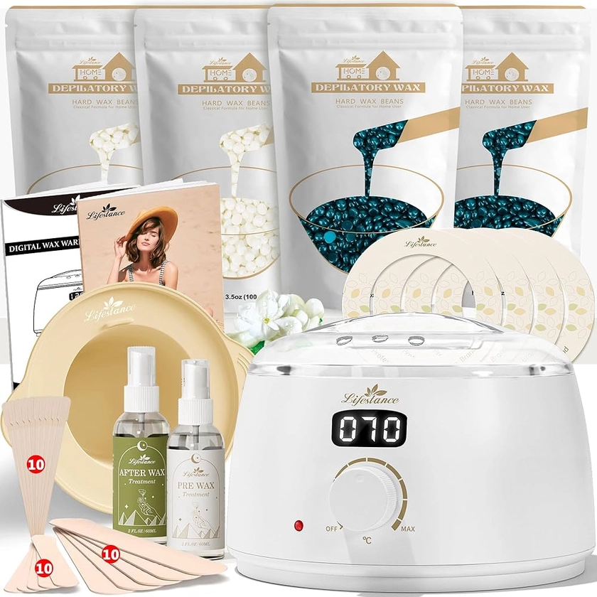 Lifestance Chauffe Cire Epilation, Kit de cire d'épilation numérique Inclure 400g Perles de Cire et un bol en silicone, Kit de cire à chauffage rapide pour Corps de bikini brésilien visage