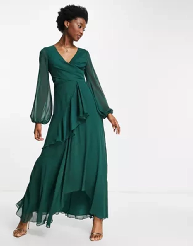 ASOS DESIGN - Robe longue portefeuille avec jupe double épaisseur - Vert forêt