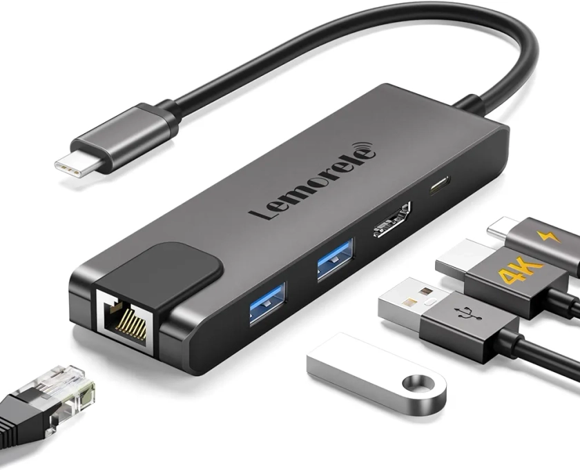 Lemorele Hub avec Gigabit, Adaptateur USB C 5-en-1 vers RJ45 Ethernet 1000Mbps, 4K HDMI, 2 USB 3.0, 100W PD, pour SteamDeck, MacBook Pro/Air, iPad, ChromeBook Pixel, Matebook, PC Tablette Type-C