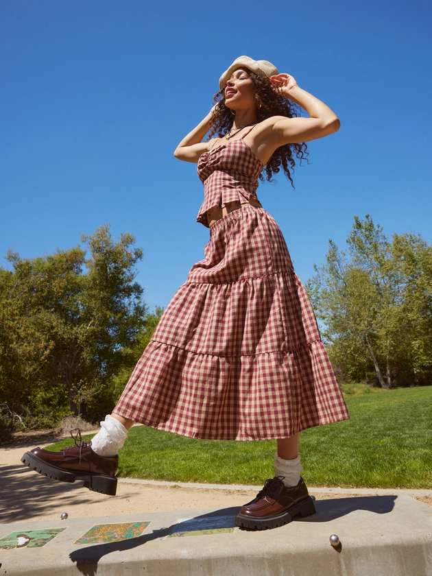 Woven High Rise Gingham Tiered Midi Skirt