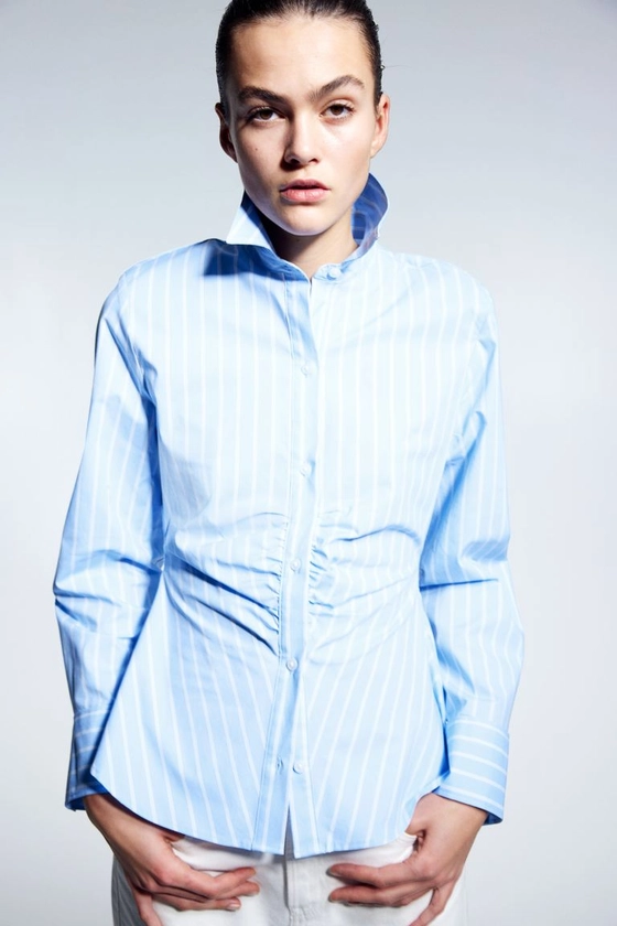 Chemise à épaulettes - Manches longues - Longue - Bleu clair/rayé - FEMME | H&M FR