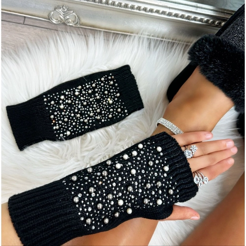 Lemonade Knitted Fingerless Crystal and Pearl Sparkly Gloves Black