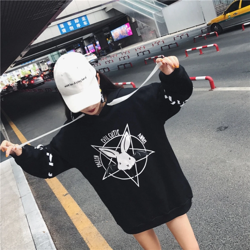 Sudaderas con capucha con estampado de conejo Kawaii para mujer, jersey de manga larga, Tops holgados, sudaderas informales, blanco y negro para invierno y otoño - AliExpress