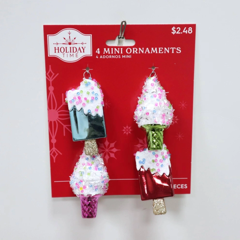 Multi-Color Ice Cream and Ice Pop Mini Christmas Ornaments, 4 Count, by Holiday Time