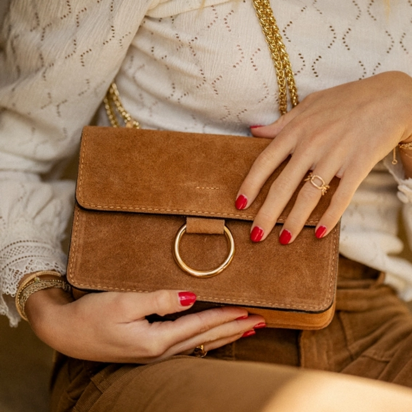 Sac à rabat avec anneau, 100% cuir, camel - Perrine & Antoinette