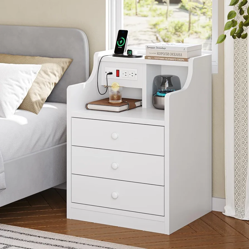 ADORNEVE Nightstand with Charging Station,White Night Stand with Hutch,Bedside Table with Drawers,Bed Side Table with Storage