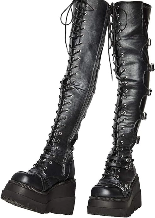Amazon.com | CELNEPHO Womens Wedge Platform Over The Knee Boots Chunky High Heel Side-Zip Lace-Up Motorcycle Riding Boots Combat Boots For Women | Over-the-Knee