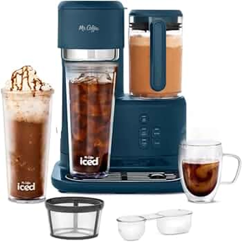 Mr. Coffee 3-in-1 Single-Serve Frappe, Iced & Hot Coffee Maker & Blender w/Reusable Filter, Scoop, Recipe Book, 2 Tumblers, Lids and Straws, Navy Blue