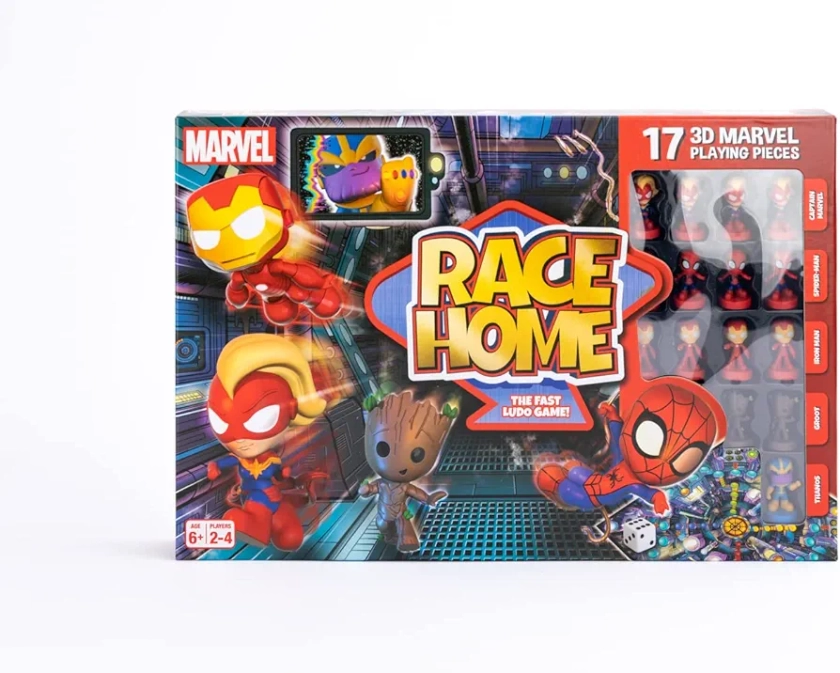 Marvel Race Home Board Game, The Fast Ludo Game! Includes 16x 3D Superheroes And 1x Thanos Playing Piece, Great Gift For Children Ages 6+