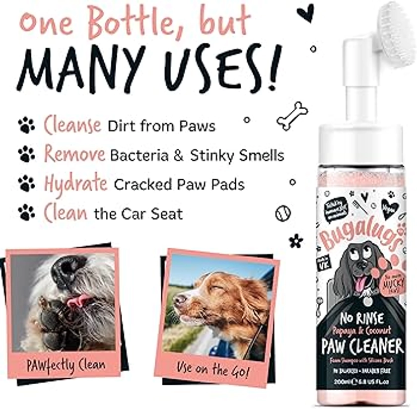 Bugalugs Dog Paw Cleaner No Rinse Foam Cat & Dog shampoo with Silicone Brush Head, waterless grooming products. Travel friendly paw cleaner for dogs defeat muddy paws on the go (Papaya & Coconut)