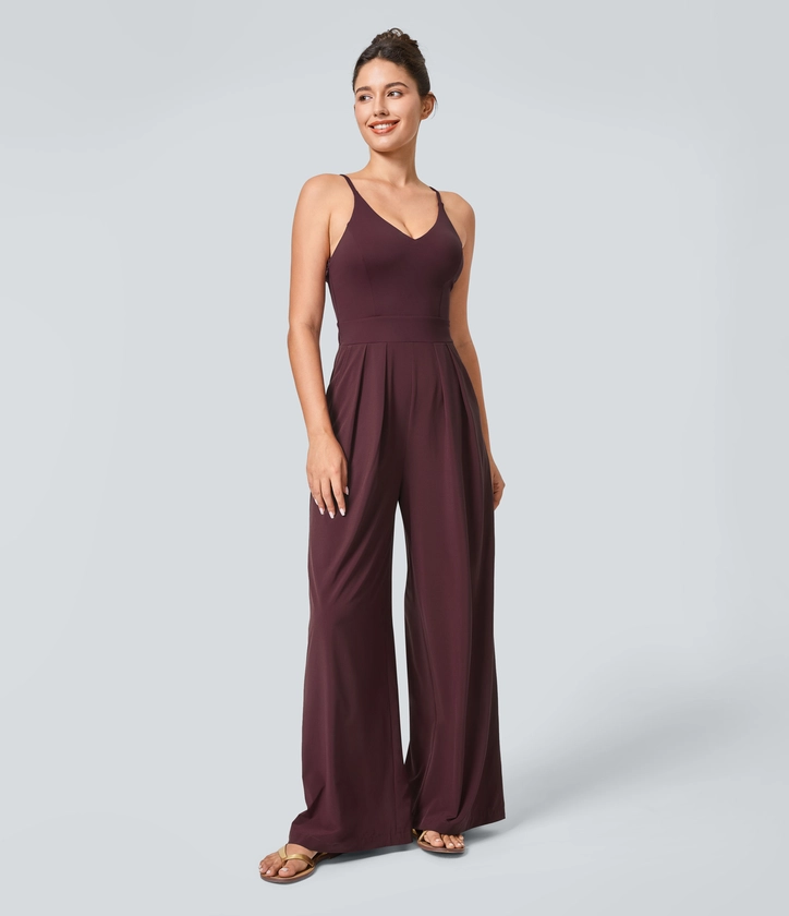 Breezeful™ Backless Side Invisible Zipper Pocket Wide Leg Quick Dry Resort Slip Jumpsuit