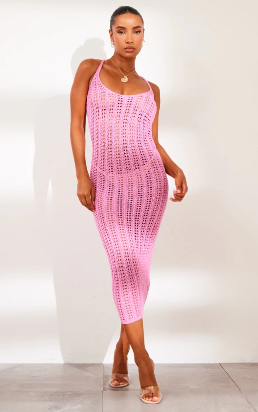 Pink Strappy Crochet Maxi Dress | Knitwear