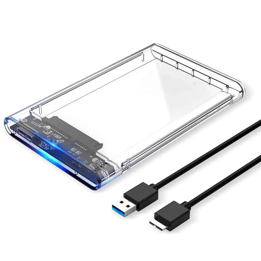 Caixa de disco rígido portátil, estojo de disco rígido transparente, livre de ferramentas, transparente, SATA para USB 3.0, UASP, 2 TB HDD, 2,5"