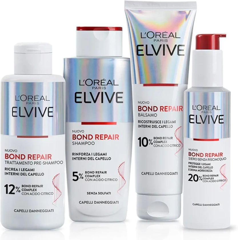 L'Oréal Paris Elvive Bond Repair Kit con Pre-Shampoo, Shampoo, Balsamo e Siero Senza Risciacquo, per Capelli Danneggiati, Ricrea i Legami Interni del Capello, Con Acido Citrico