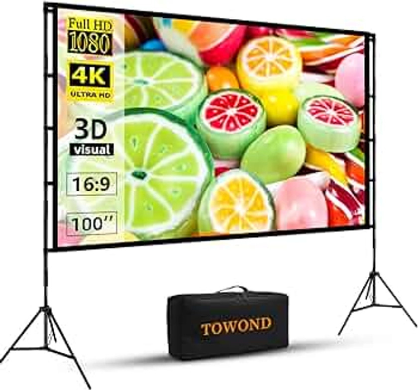 Projector Screen with Stand, Towond 100 inch Outdoor Projector Screen Portable Indoor Projection Screen 16:9 4K Rear Front Movie Screen with Carry Bag for Home Backyard Theater