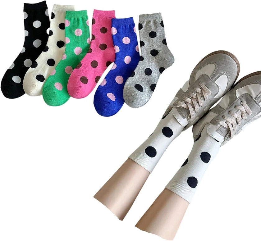 Polka Dots Socks Women Retro Big Dots Mid-calf 6 Pairs Cute Preppy Style High Ankle Cotton Crew Socks