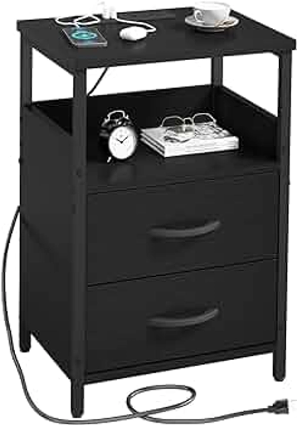 End Table with Charging Station, Nightstand with Fabric Drawer, Small Side Table for Small Spaces, Black Bedside Tables with USB Ports and Outlets for Living Room, Bedroom, Office