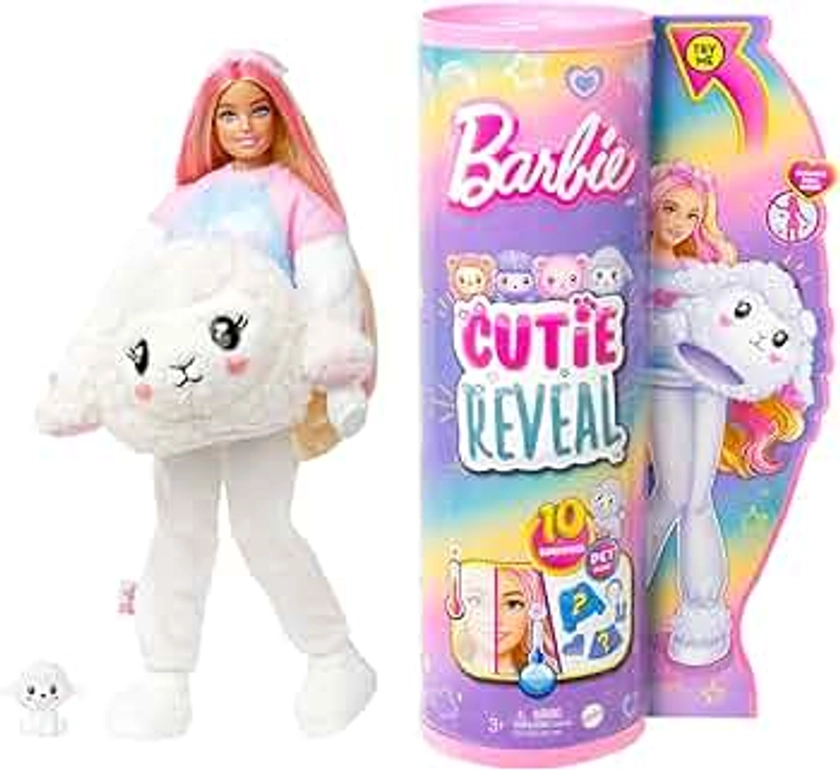 Barbie Cutie Reveal Doll & Accessories, Lamb Plush Costume & 10 Surprises Including Color Change, “Dream” Cozy Cute Tees, HKR03