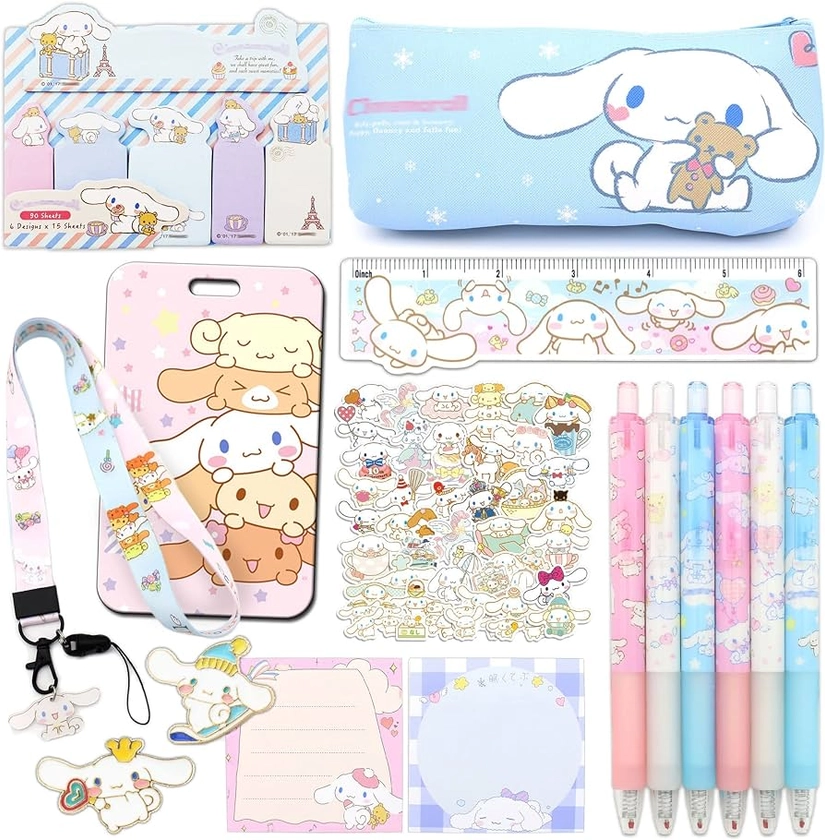 Ohjijinn Kawaii School Supplies Set, Cute Office Supplies, Includes Pencil Case, Ballpoint Pens, Ruler, Sticky Note, Stickers, Enamel Pins, Lanyard with ID Card Holder for Girls Gifts
