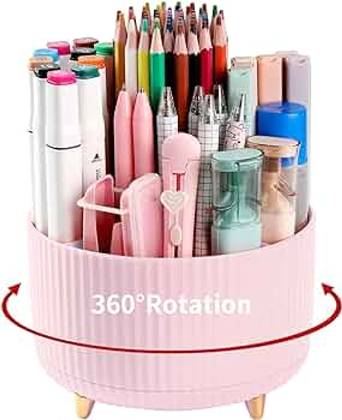 Desk Pencil Pen Holder, 5 Slots 360°Degree Rotating Pencil Pen Organizers for Desk, Desktop Storage Stationery Supplies Organizer, Cute Pencil Cup Pot for Office, School, Home, Art Supply, Pink